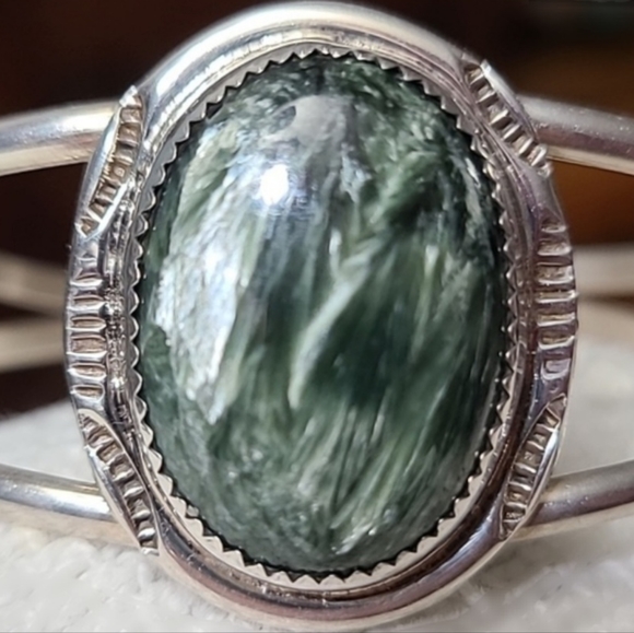 CALVIN TOM Navajo 925 Sterling Silver Cuff Rare Seraphinite 7" Vintage - Picture 2 of 6